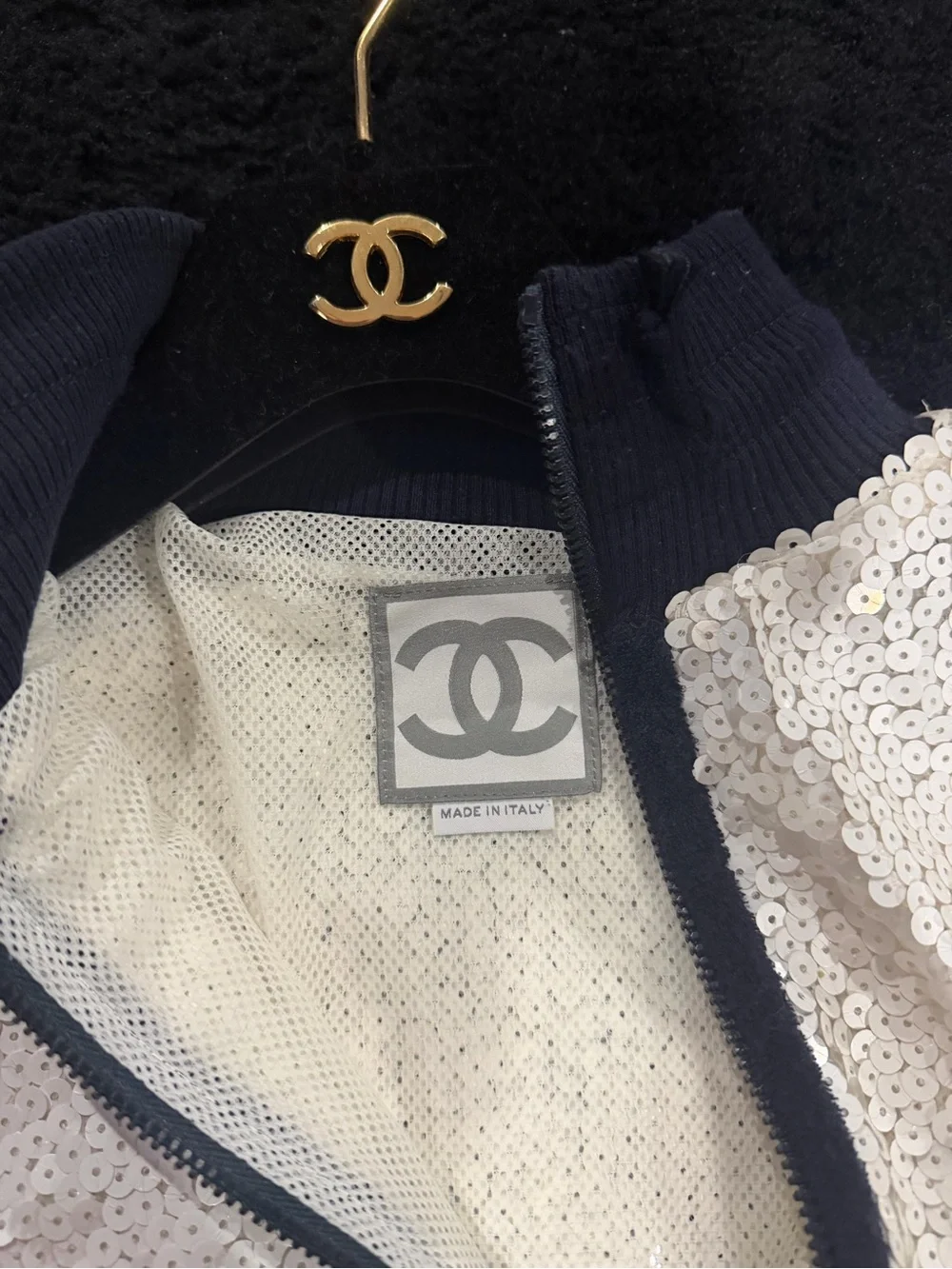 CHANEL 08C Sports White Sequin Track Jacket Black Trim Size FR 42 Vintage